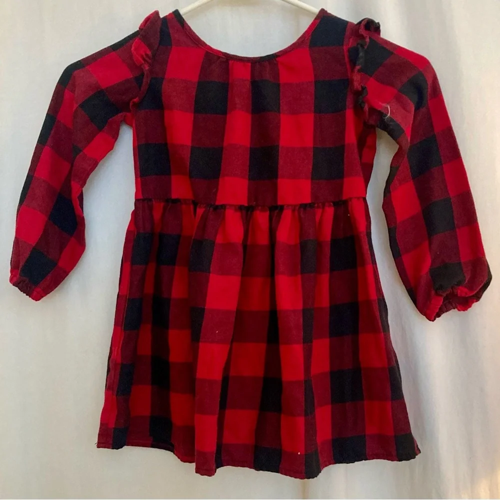 Girls Red & Black Buffalo Plaid Dress Ruffled Shoulders Size 3T
